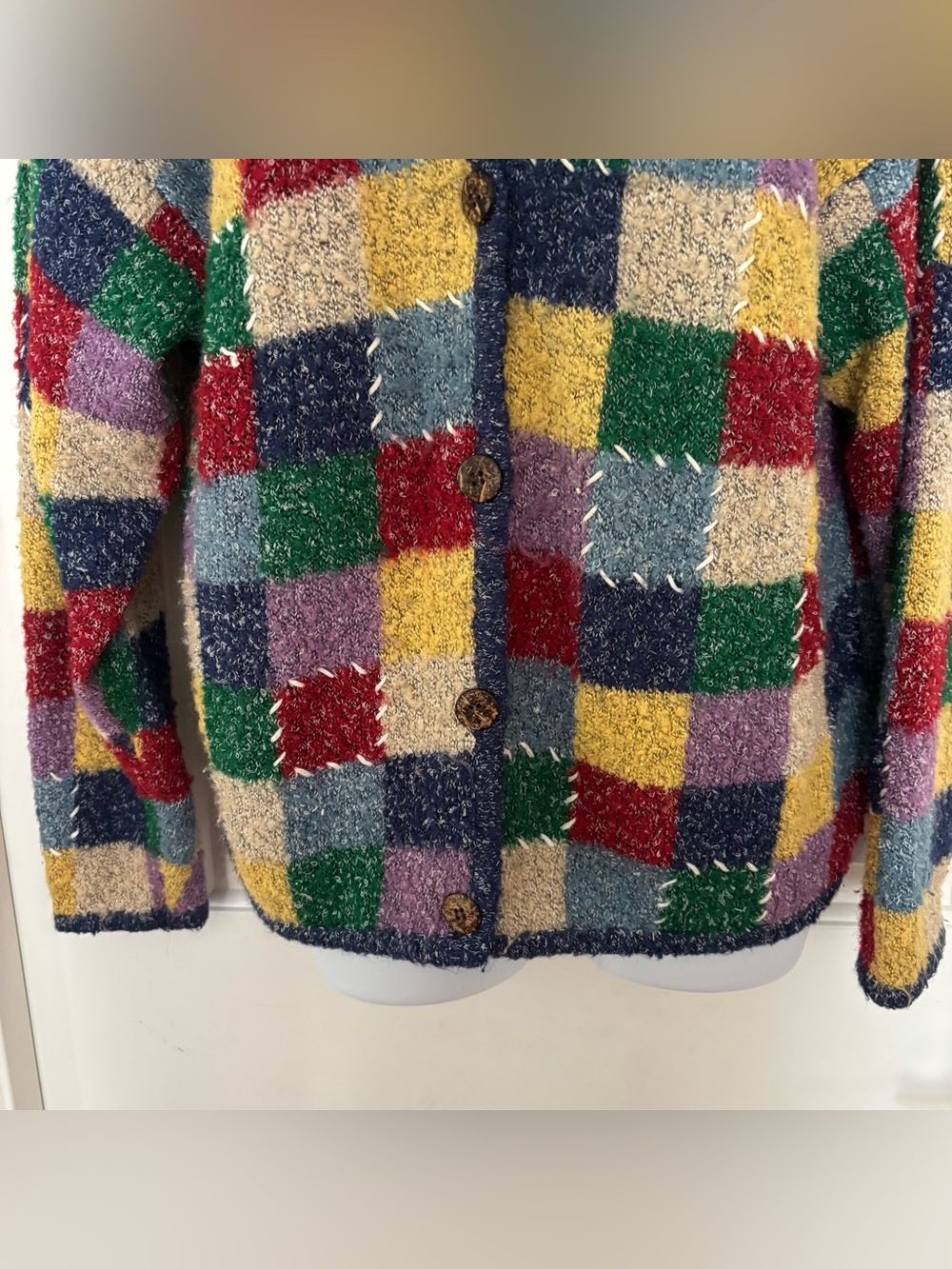 Vintage Mandal Bay colorful patchwork check cardigan sweater large - Picture 5 of 10